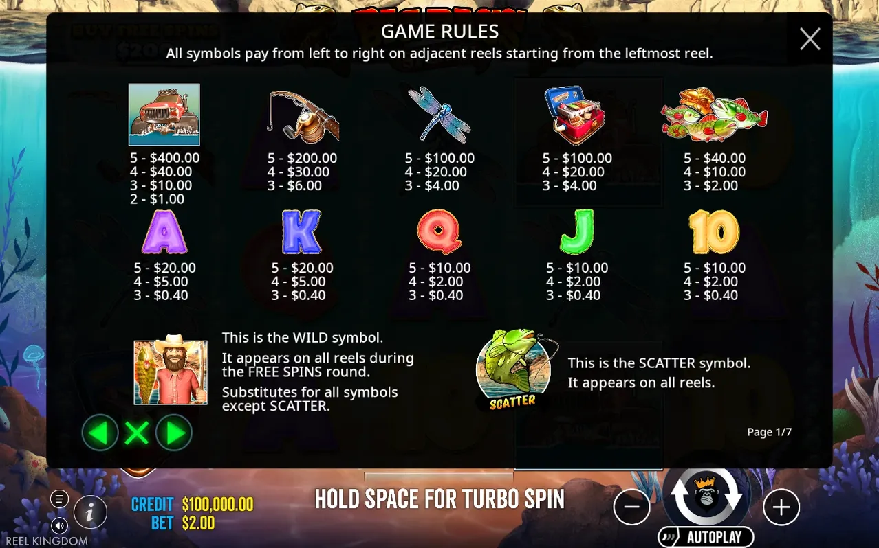 Σελίδα «GAME RULES» 1/7 με πίνακα πληρωμών, περιγραφή Wild (ψαράς) και Scatter (ψάρι).